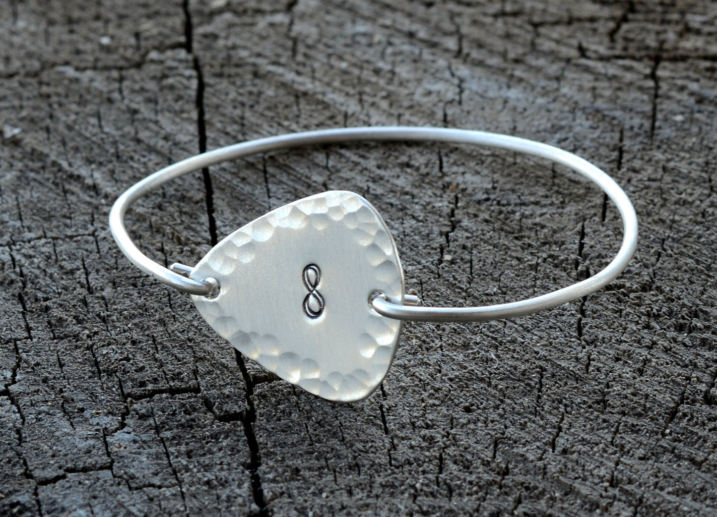 Tension Style Bangle with Hammered Infinity on Sterling Silver Guitar Pick