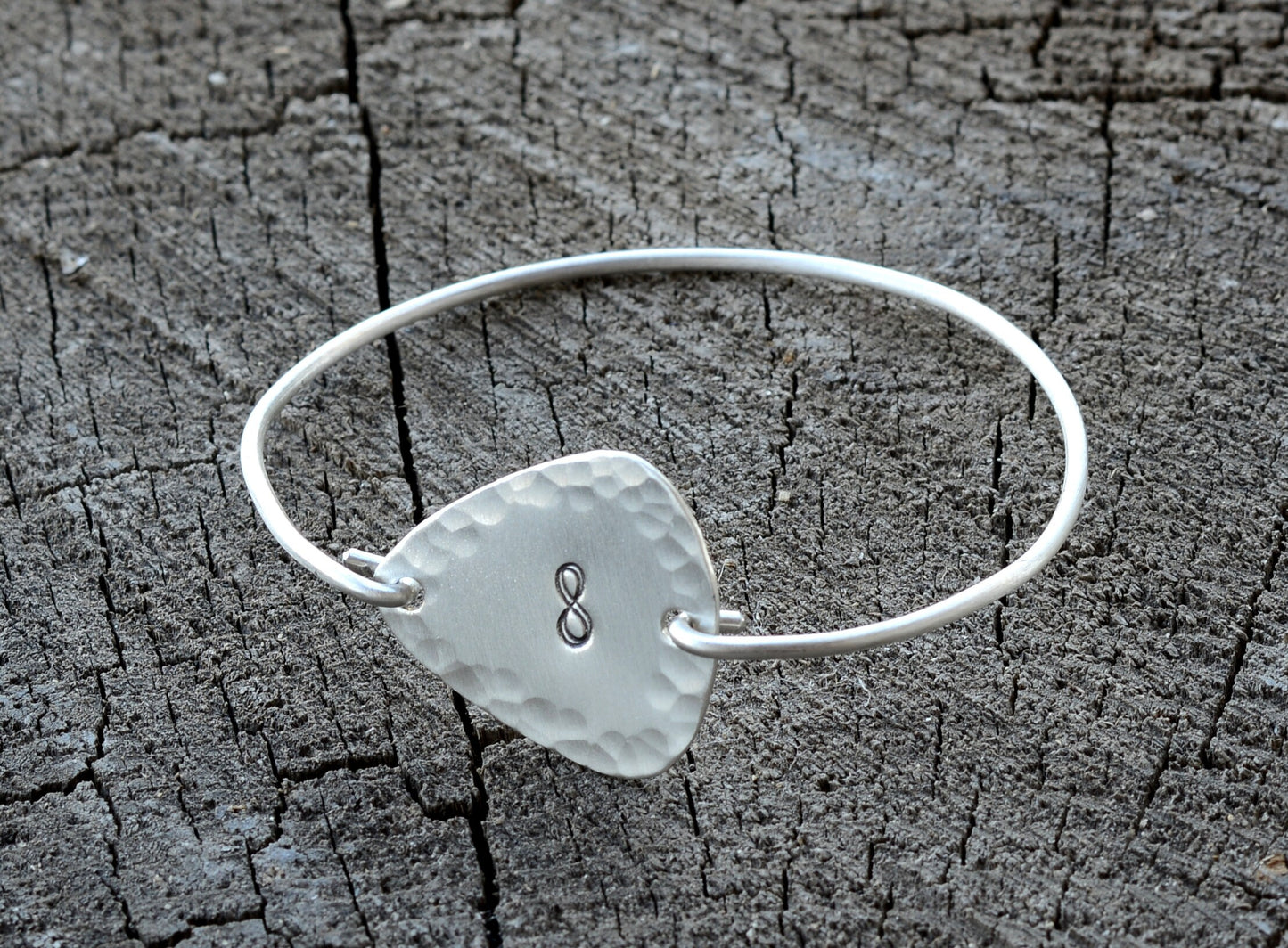 Tension Style Bangle with Hammered Infinity on Sterling Silver Guitar Pick