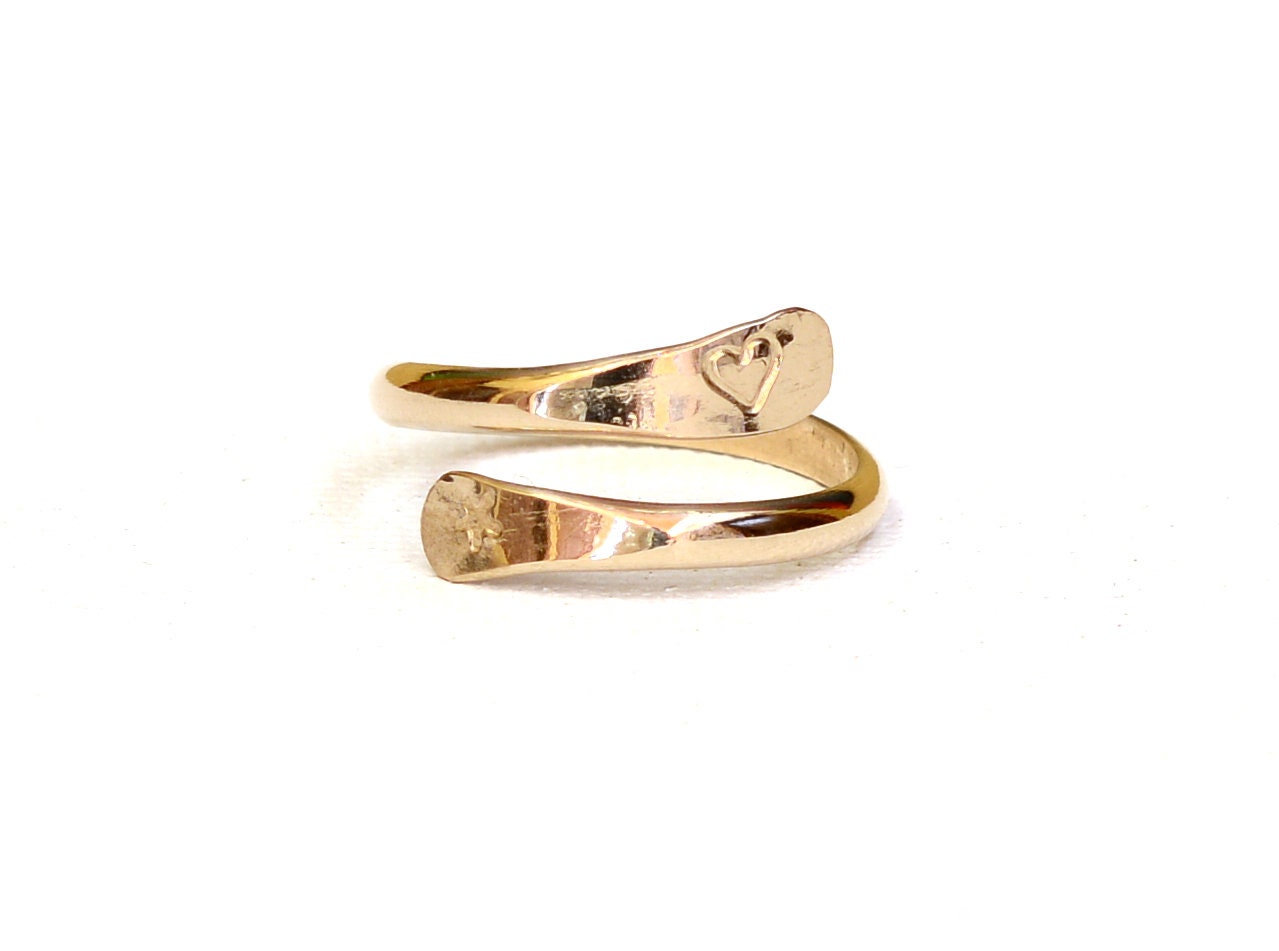 14k solid Gold Wrap Ring with Forged Ends and Engraved Symbols aka Twist Ring, Bypass Ring