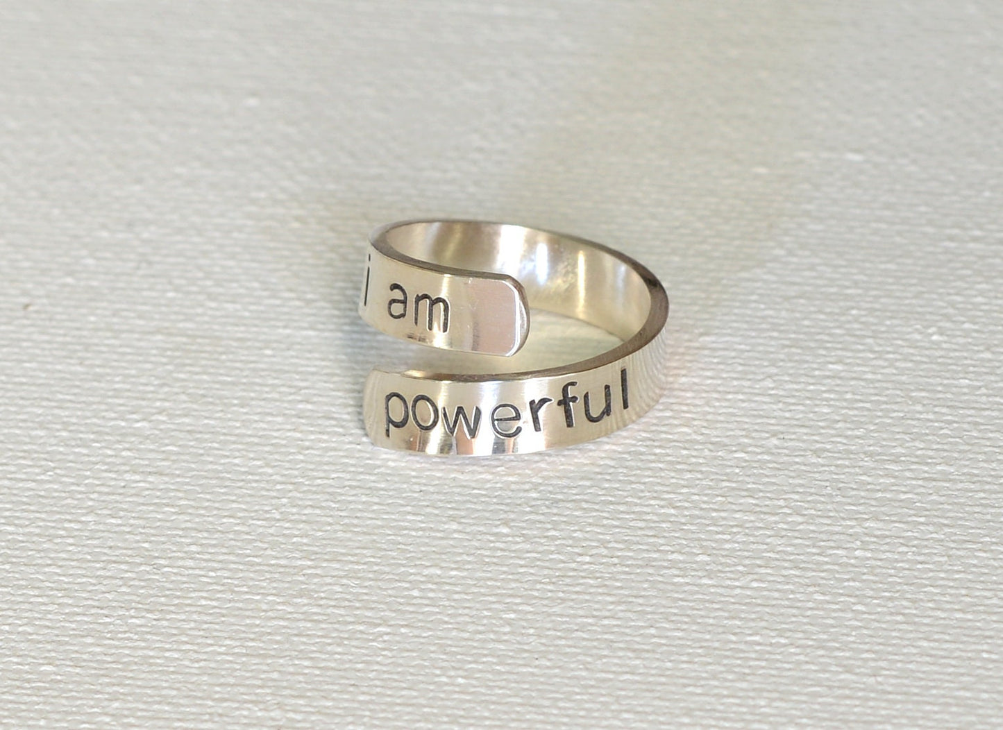 I am Powerful imprinted on a Sterling Silver Wrap Ring for Empowerment