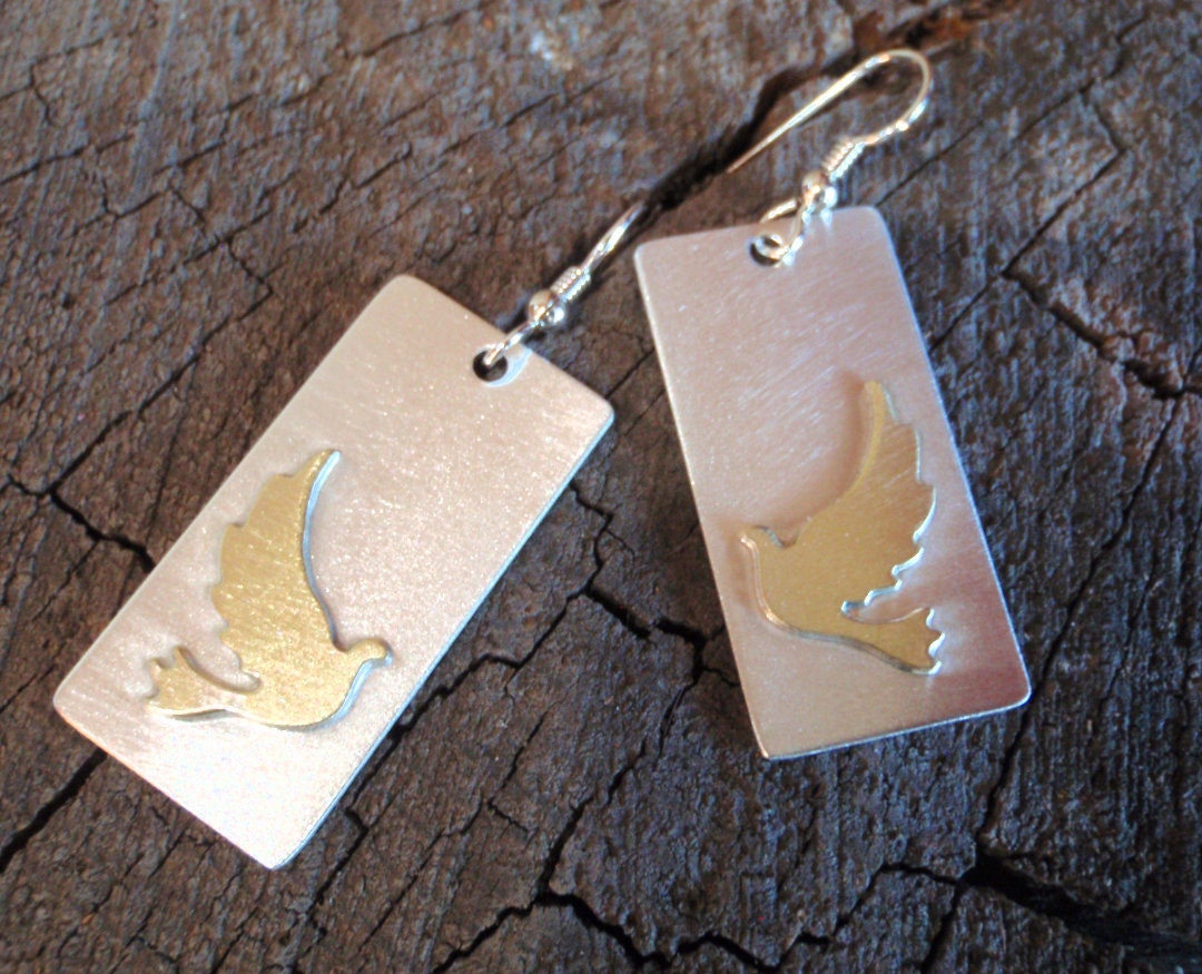 14k solid gold doves on sterling silver earrings