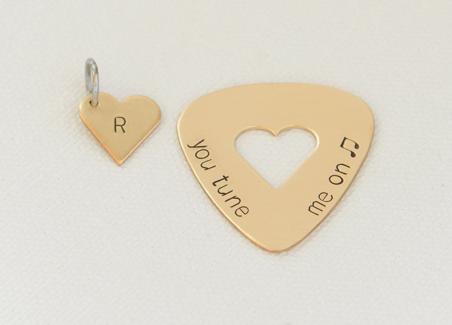 You Tune me On Guitar Pick and Heart Charm Set in Bronze