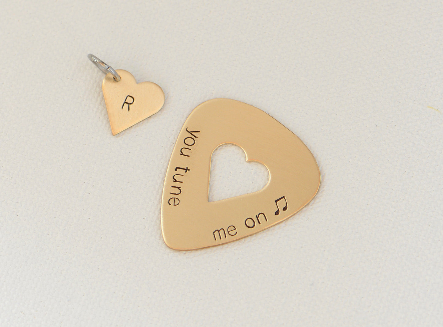 You Tune me On Guitar Pick and Heart Charm Set in Bronze