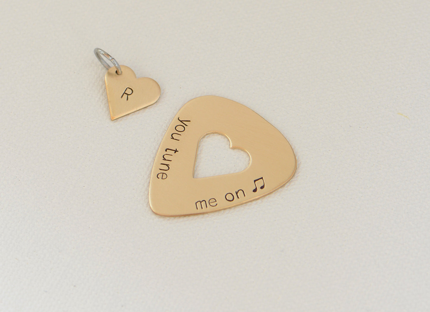 You Tune me On Guitar Pick and Heart Charm Set in Bronze