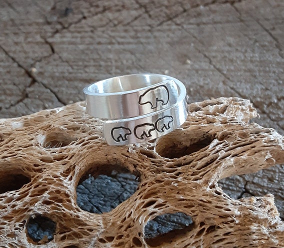 Bypass style sterling silver ring with bear mom and bear kids