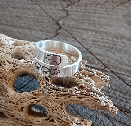 Bypass style sterling silver ring with bear mom and bear kids