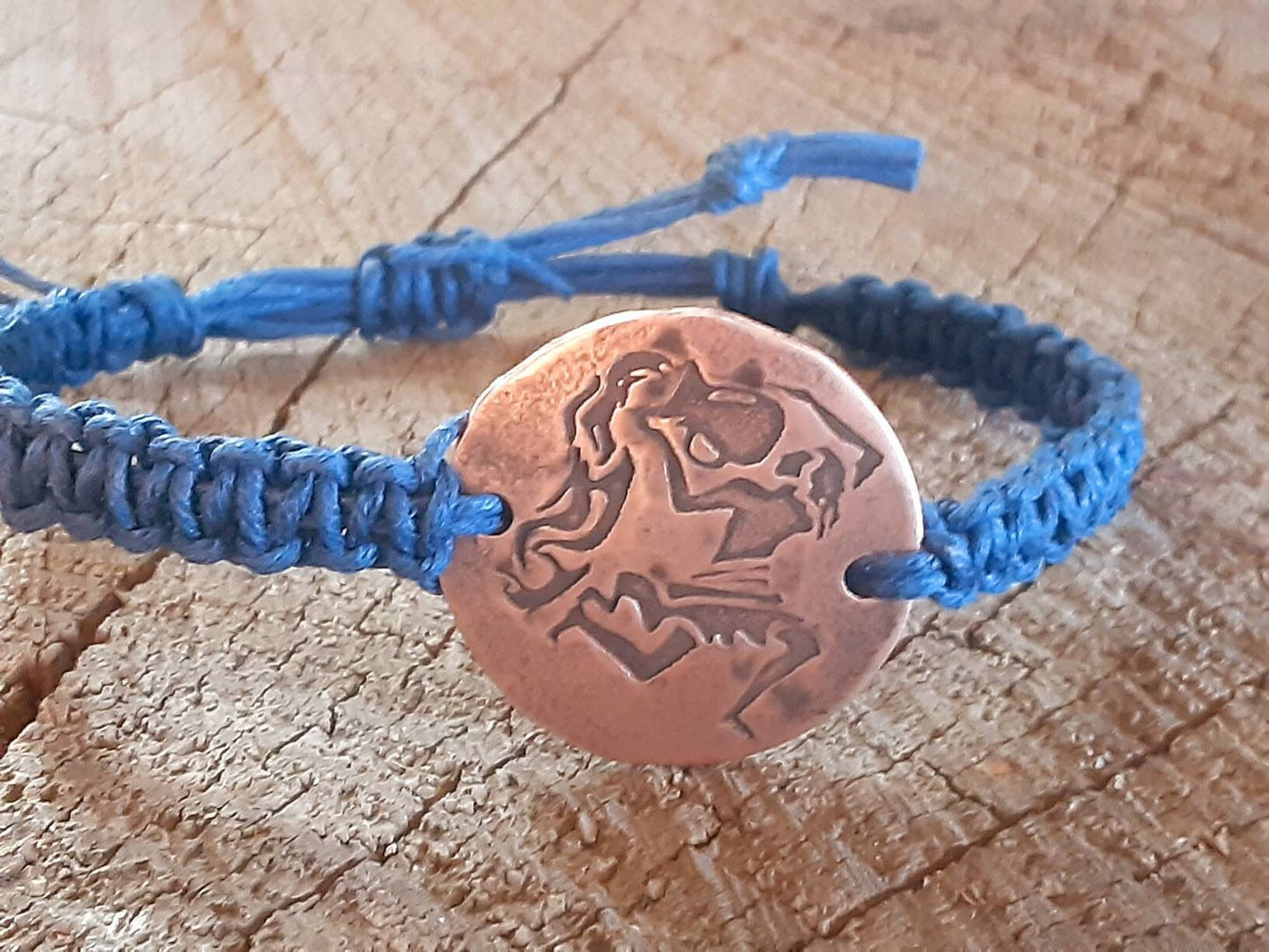 Aquarius or custom zodiac sign on copper tag bracelet with woven hemp bracelet