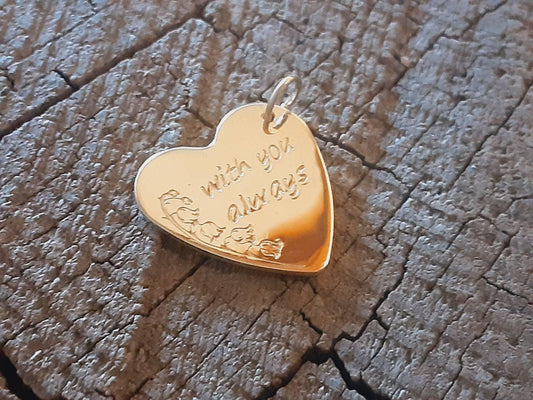 14k yellow solid gold heart charm with flower and short quote