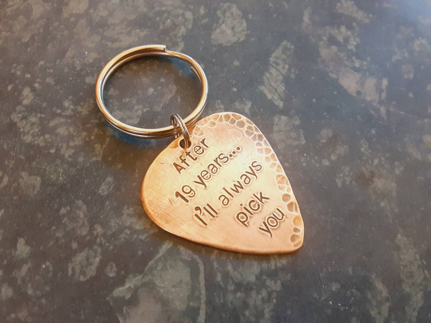 Bronze guitar pick keyring -a gift idea for 8th or 19th anniversary