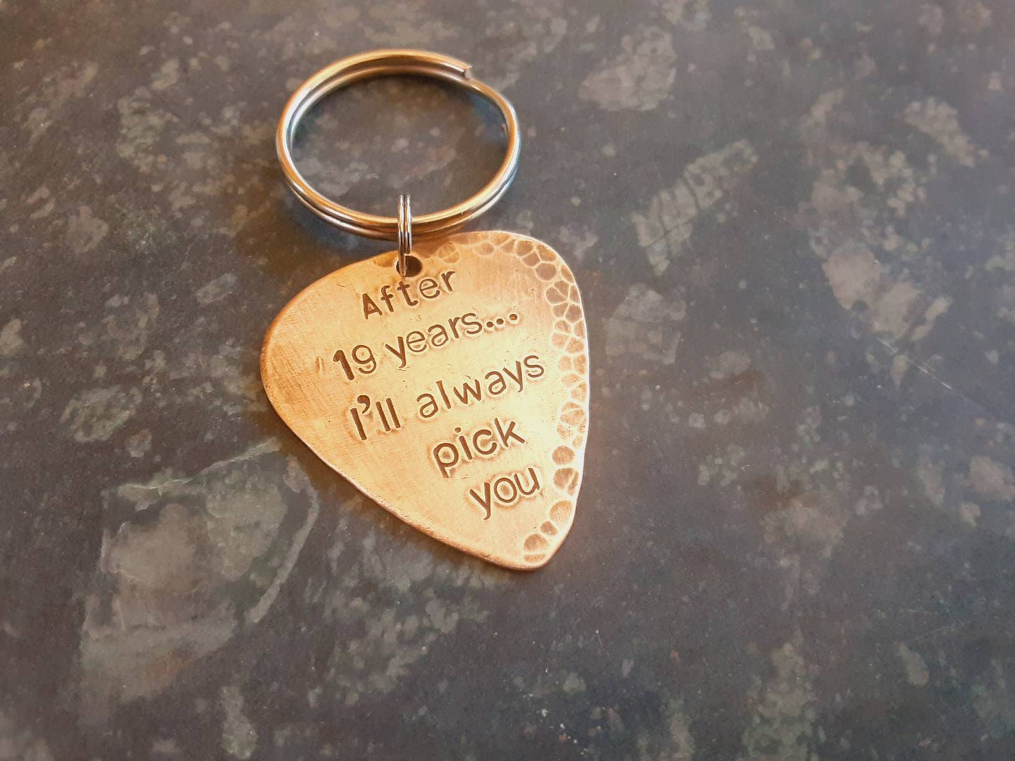 Bronze guitar pick keyring -a gift idea for 8th or 19th anniversary