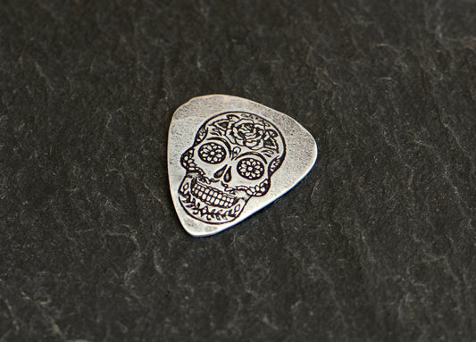 Sugar skull day of the dead sterling silver guitar pick
