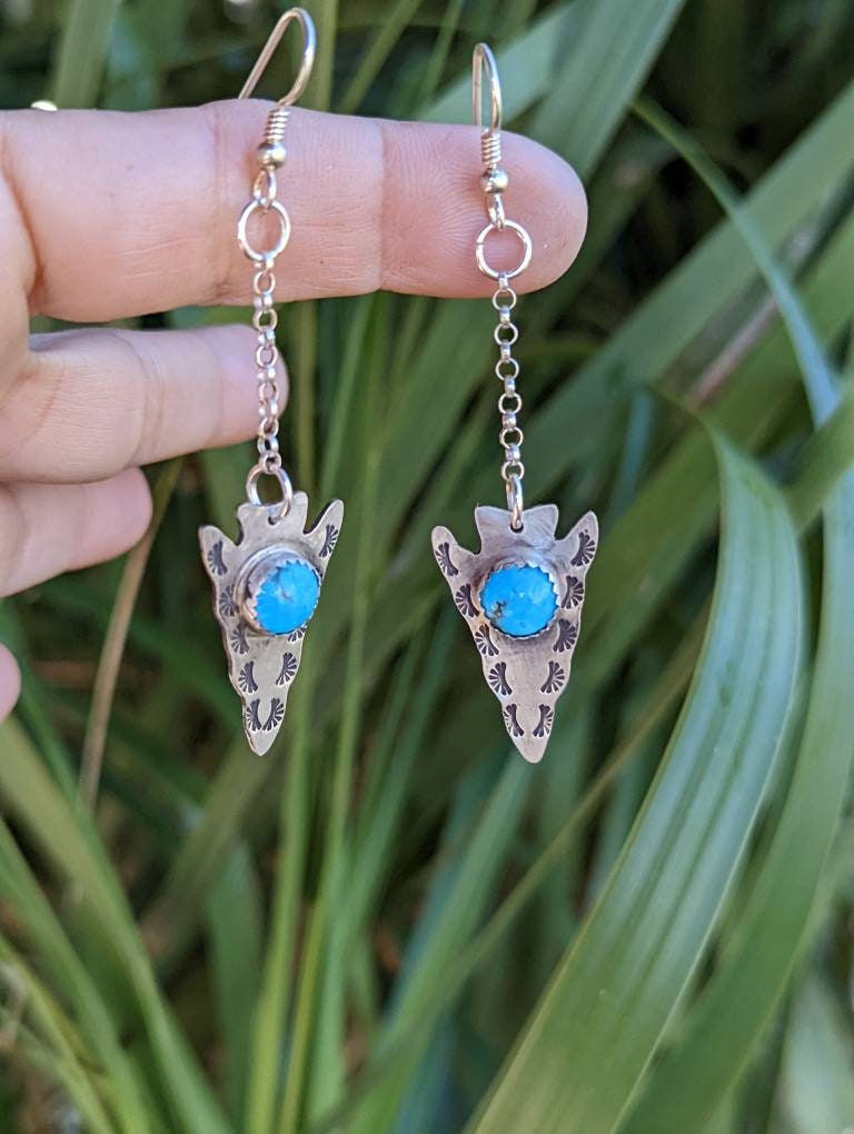 Sterling Silver arrowhead earrings with 8mm Kingman mine turquoise