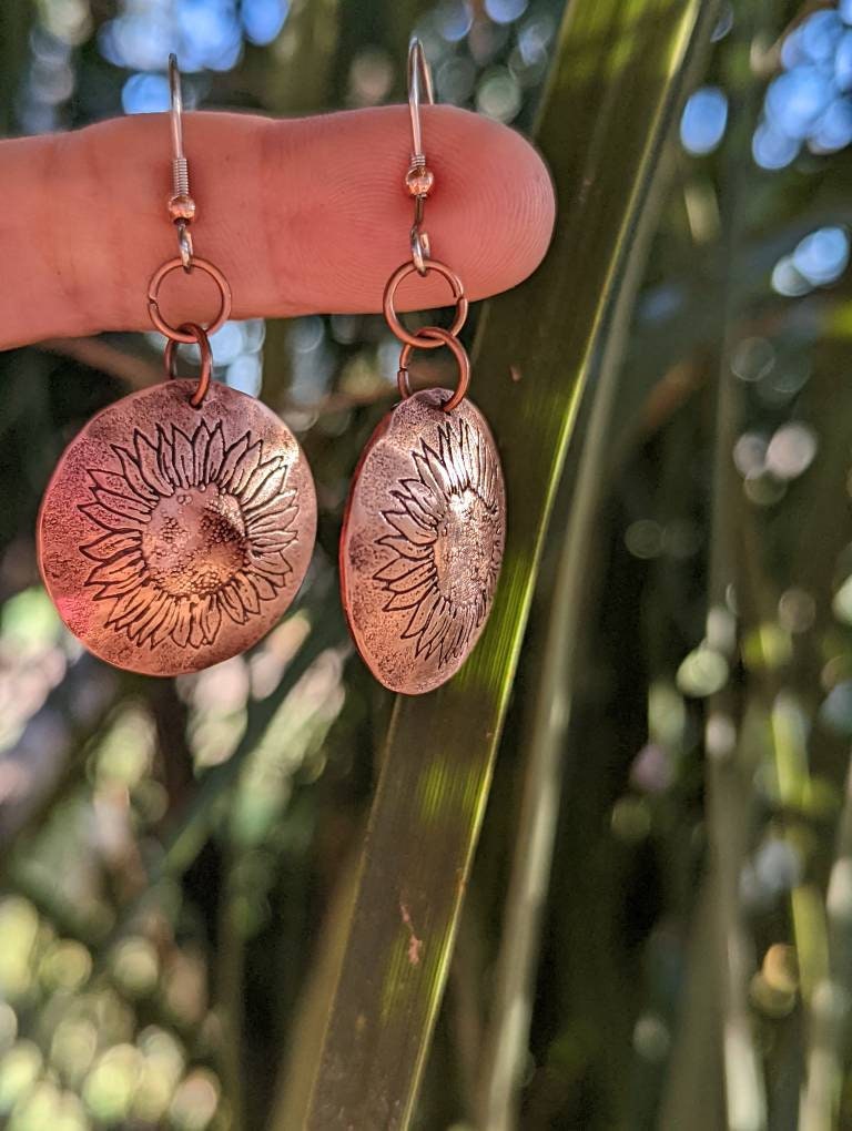 Sunflower stamped copper earrings