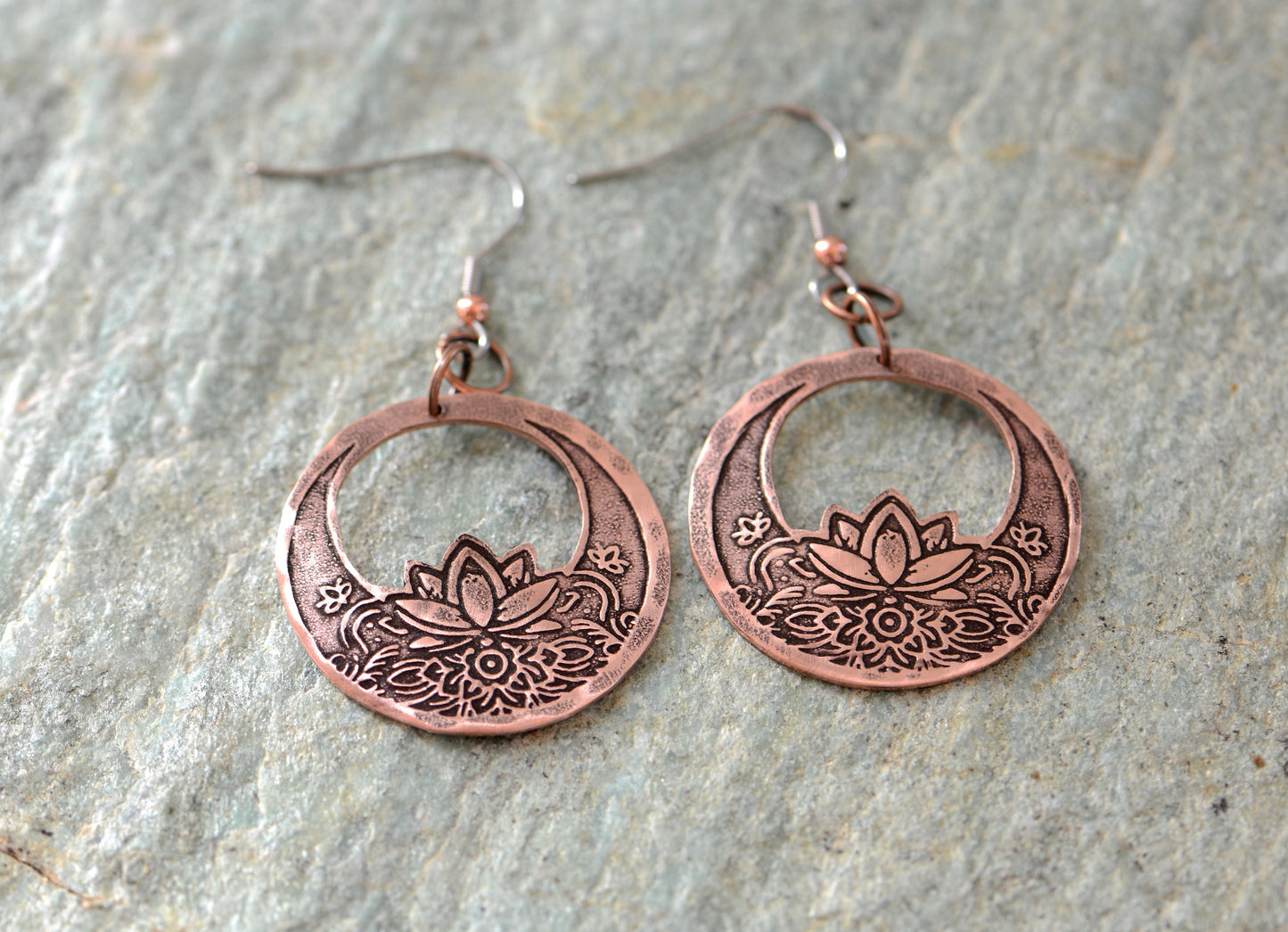 copper lotus earrings - dangle earrings - yoga inspired earrings - boho style