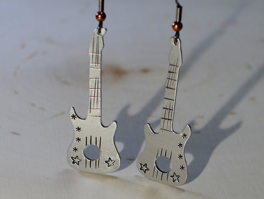 Guitar shaped handcrafted dangle earrings in your choice of aluminum or sterling silver