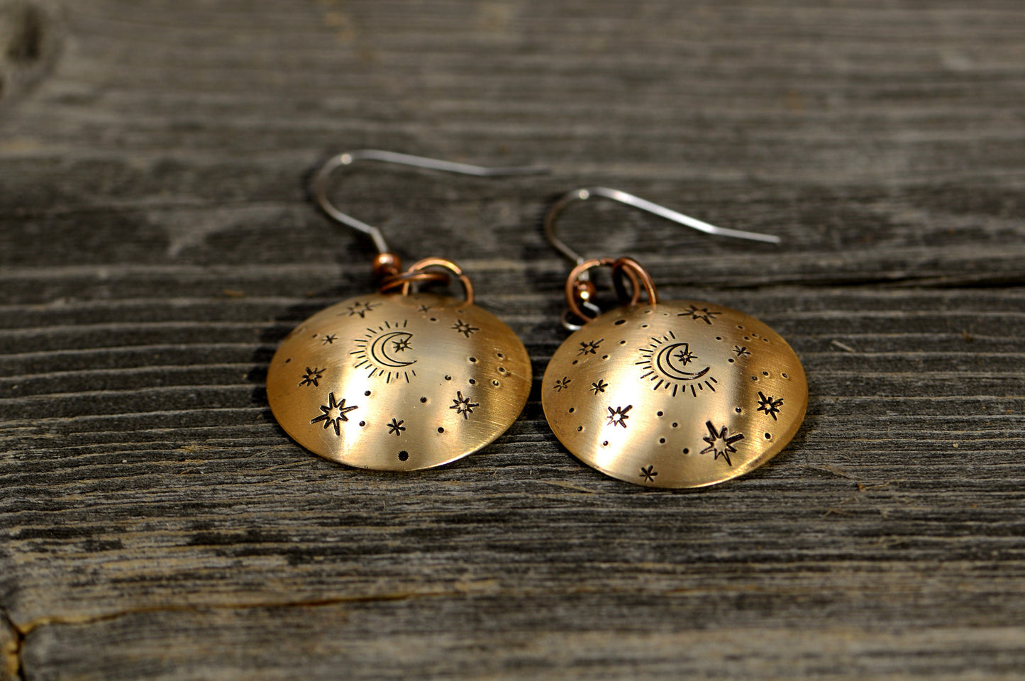 Bronze moon and stars bohemian dangle earrings