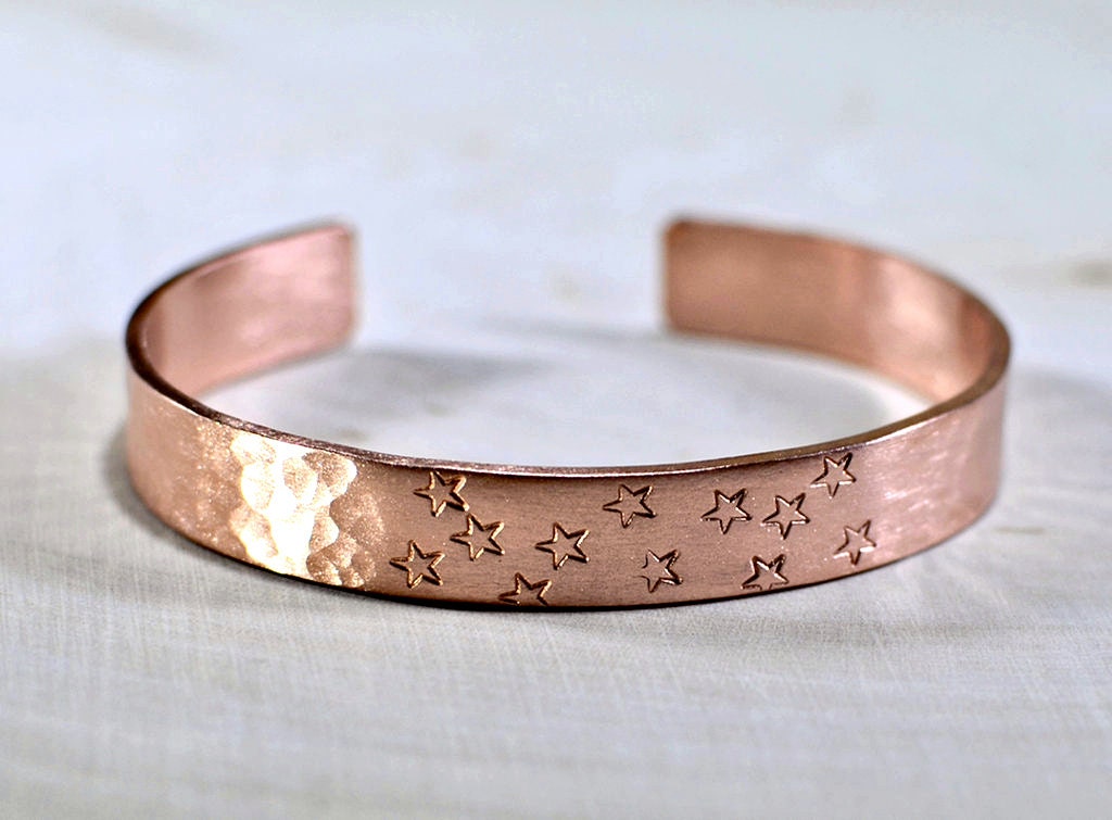 Hammered copper cuff bracelet with stars