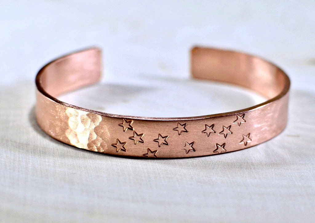 Hammered copper cuff bracelet with stars