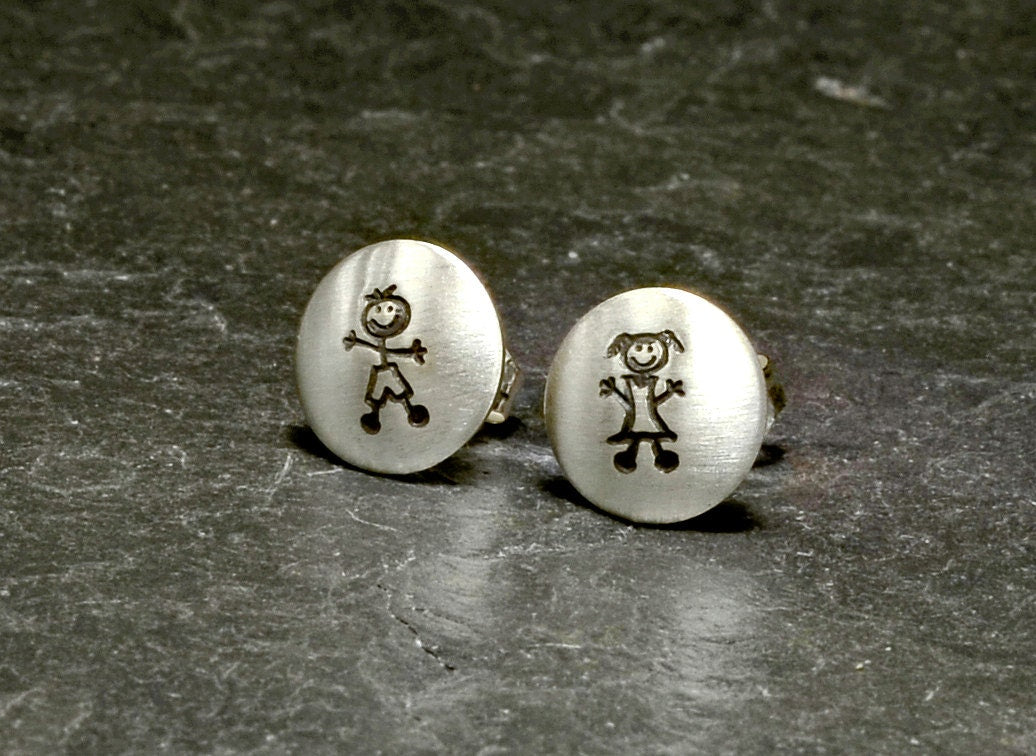 Sterling Silver Earrings stamped with a Boy and Girl and stud style backings