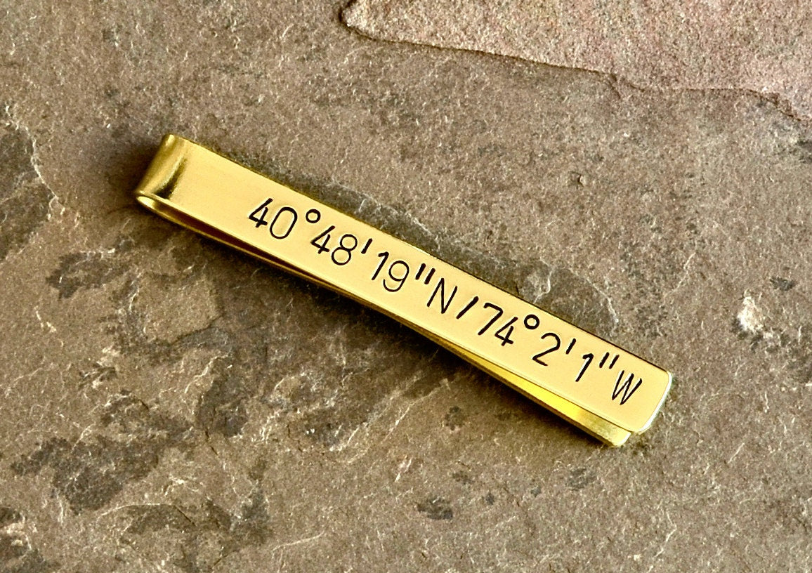 Latitude Longitude Tie Clip with Personalized Coordinates in Brass