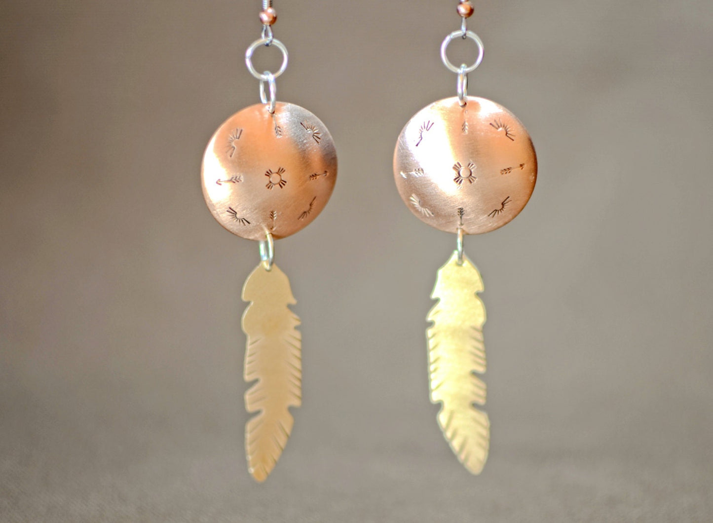 Bronze Feathers from Copper Disc Dangle Earrings
