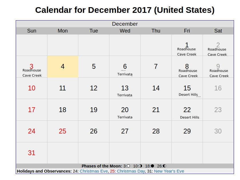 Christmas and December Show Schedule