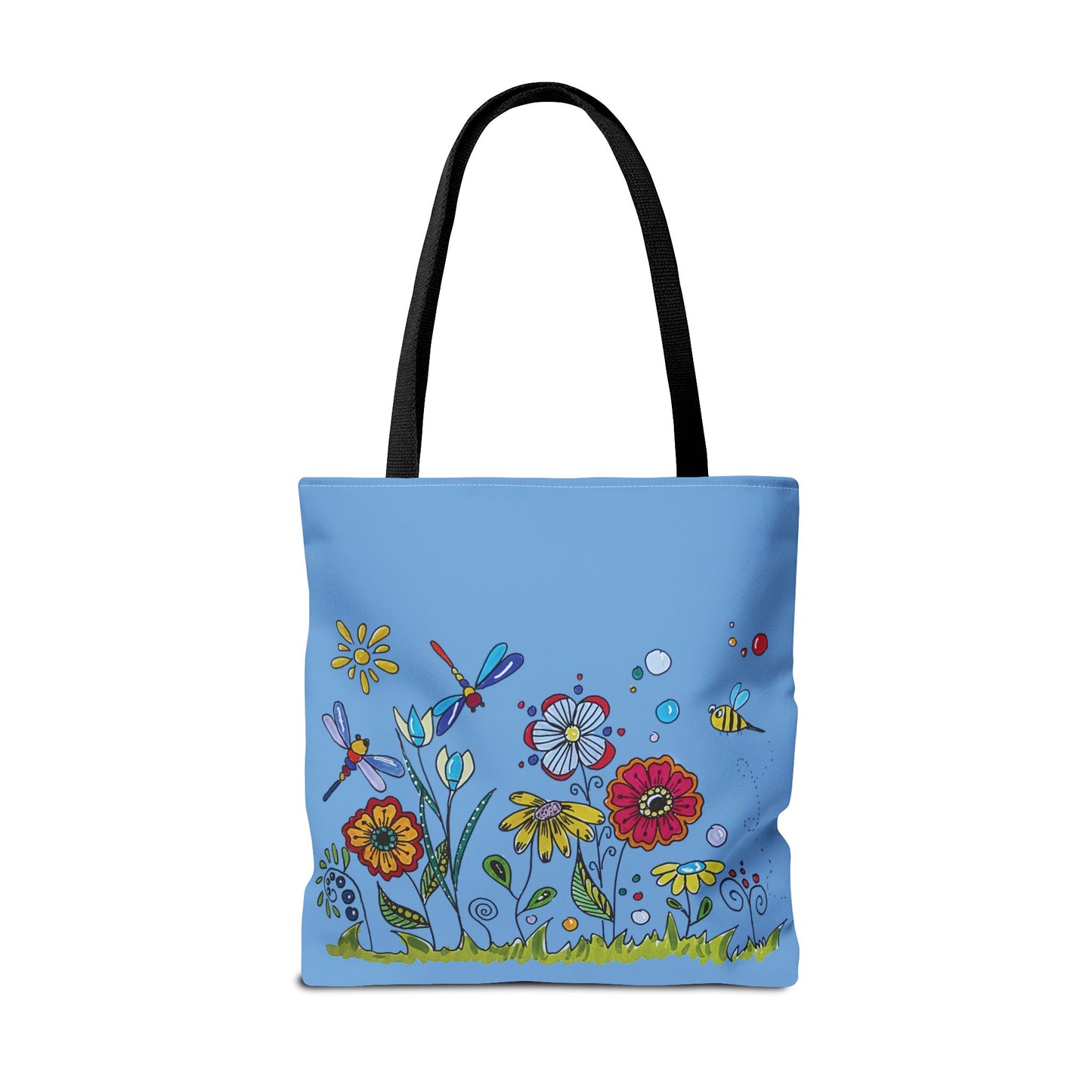 Flower garden tote bag with my original art - zentangle flowers - dragonflies and bee