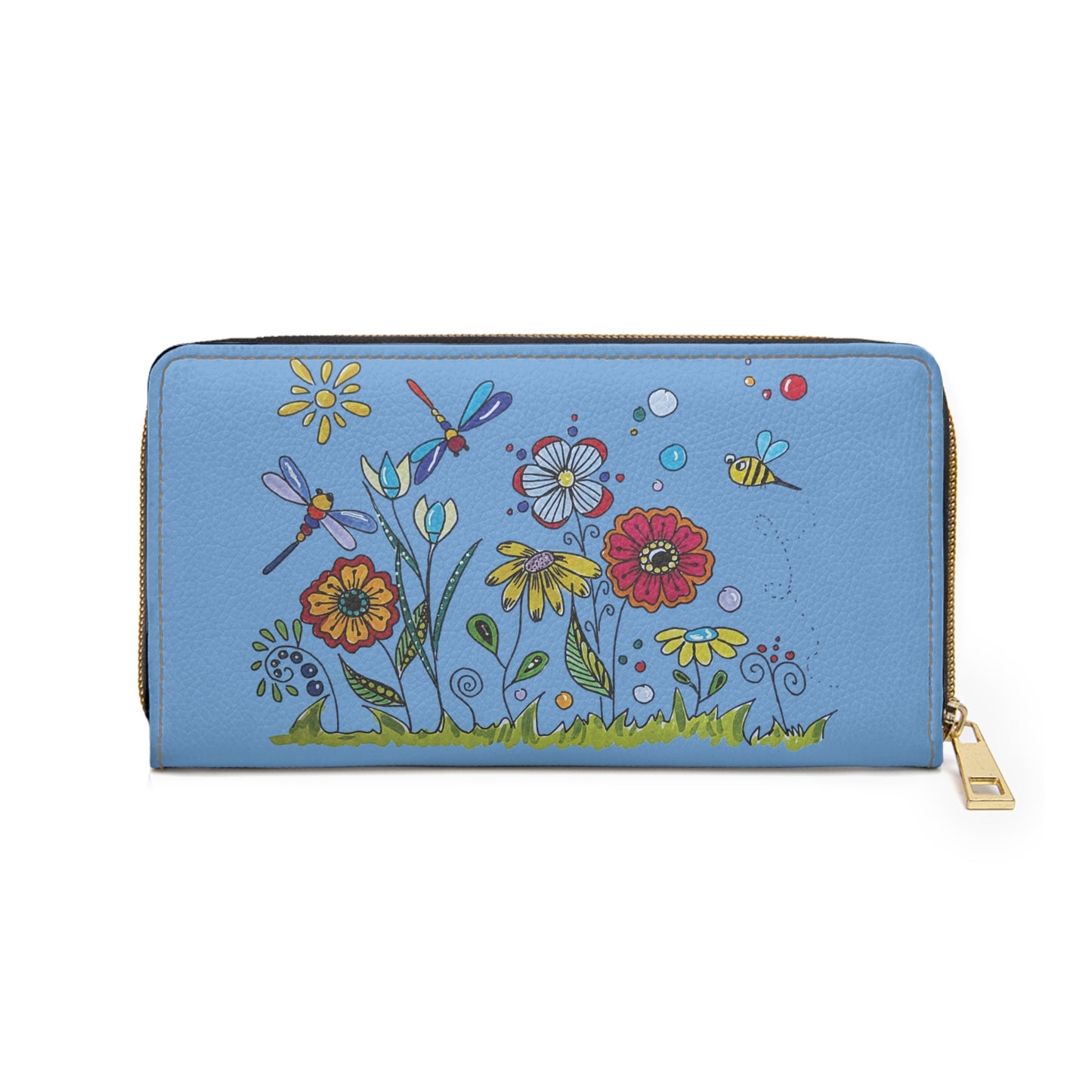 Zipper Wallet - Blue Flower Doodle Art