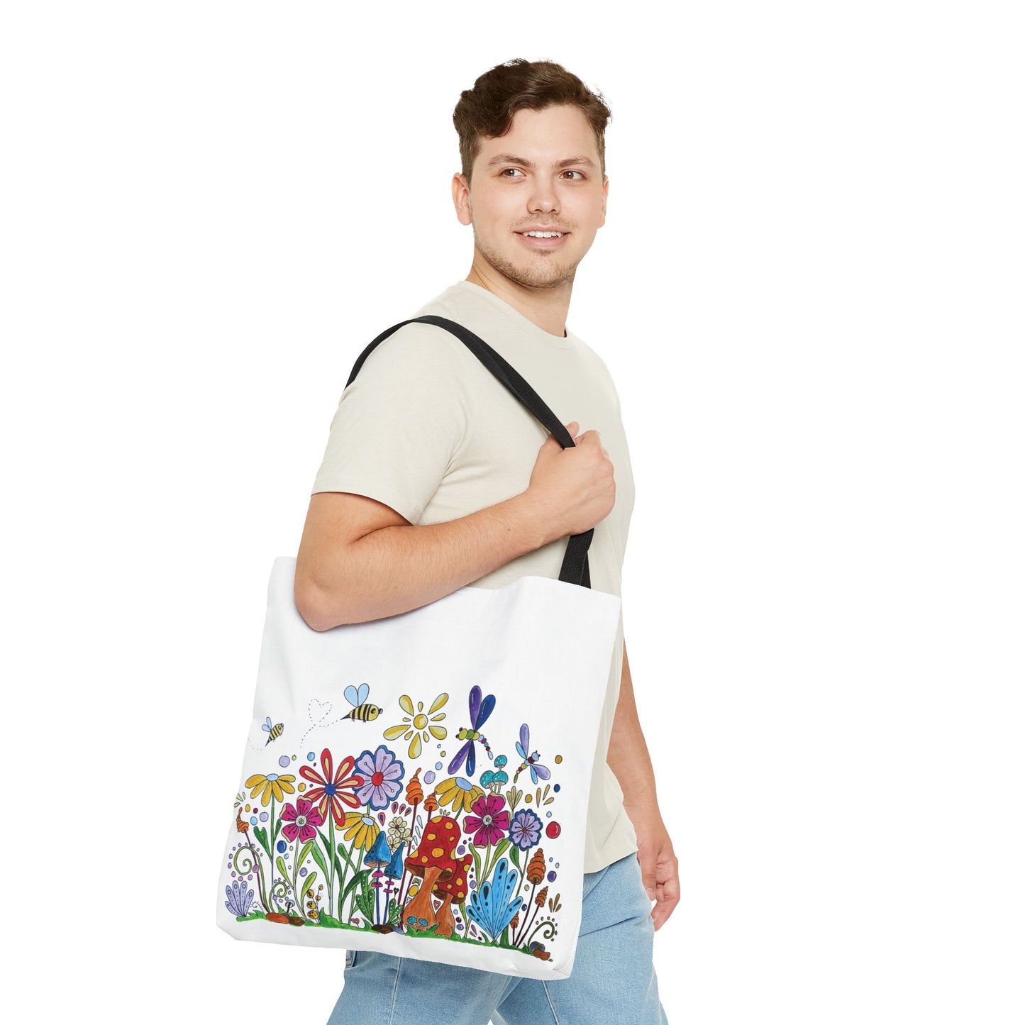 White tote bag with my original flower and mushroom drawings with bees and dragonflies