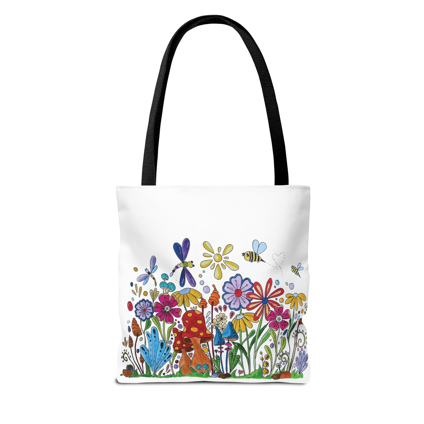 White tote bag with my original flower and mushroom drawings with bees and dragonflies