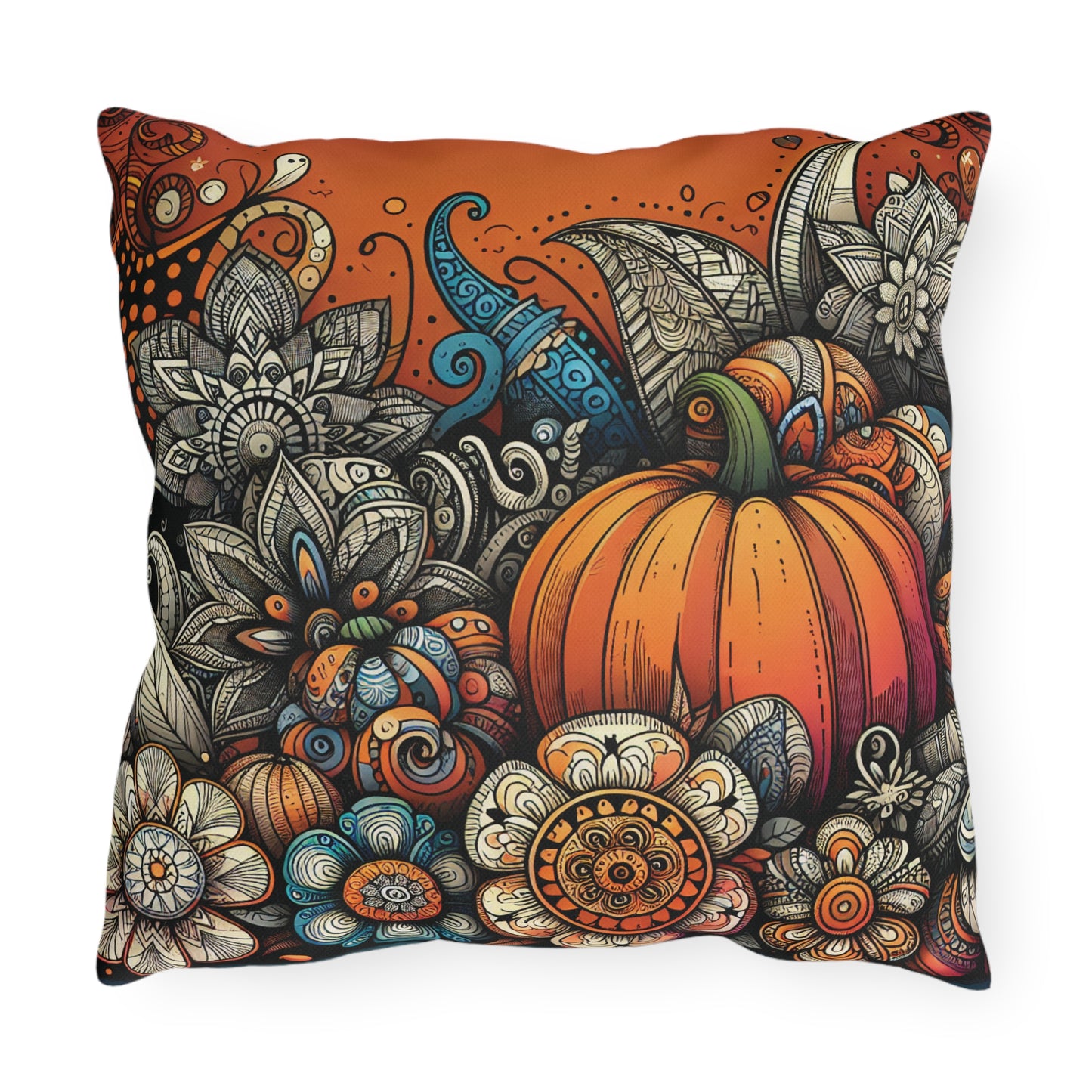 Pumpkin Zen Doodle Outdoor Pillow — Floral Fall Accent