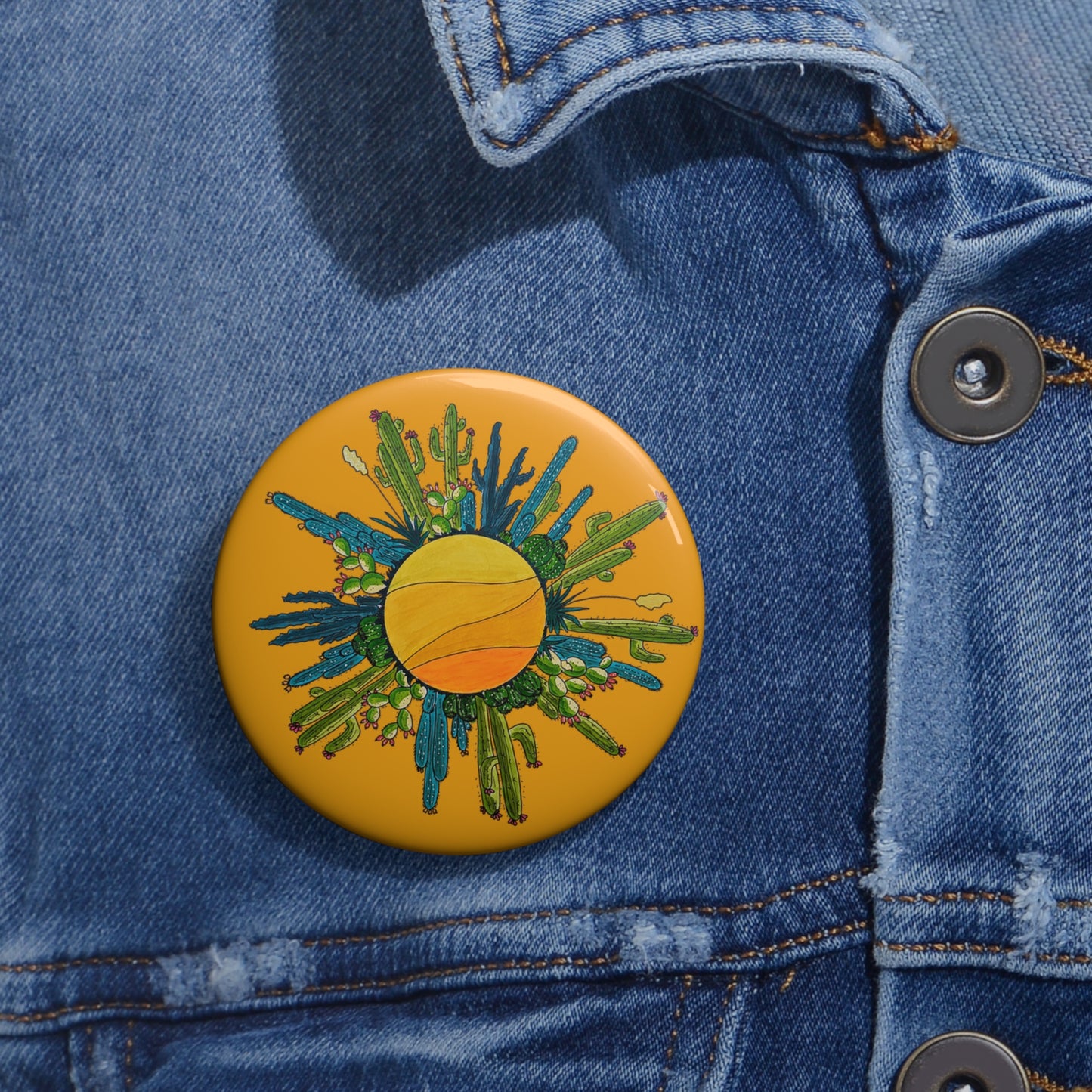 Cactus Sun Doodle Art Pin Button — Cute Cactus Button Badge - Orange