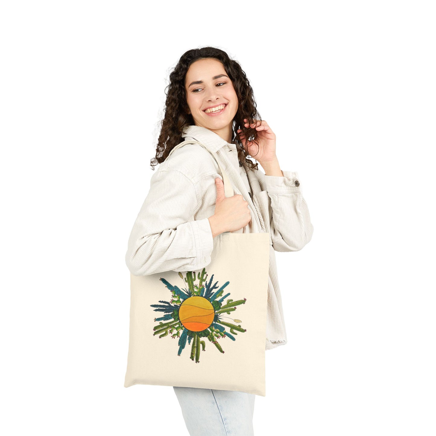 Cactus Doodle Sun Cotton Canvas Tote Bag