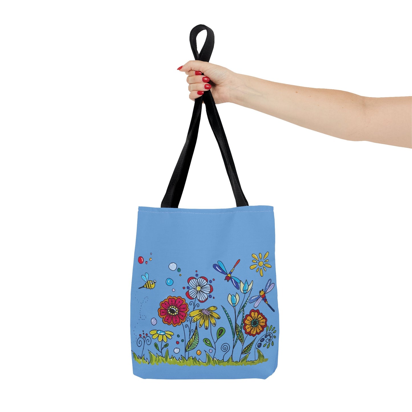 Flower garden tote bag with my original art - zentangle flowers - dragonflies and bee