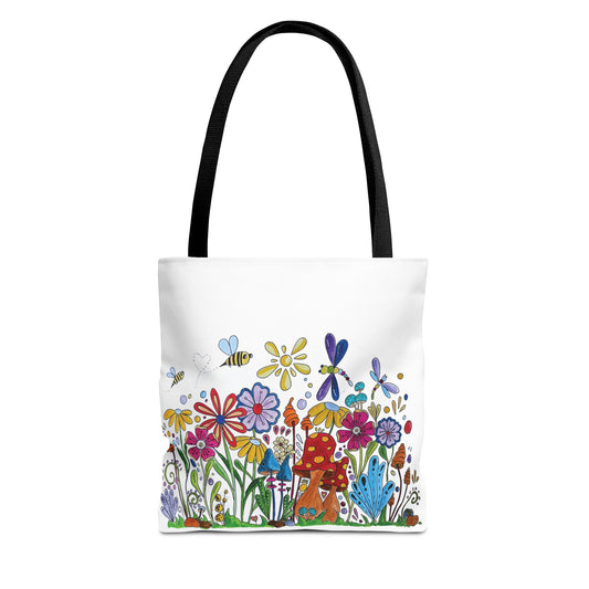 White tote bag with my original flower and mushroom drawings with bees and dragonflies