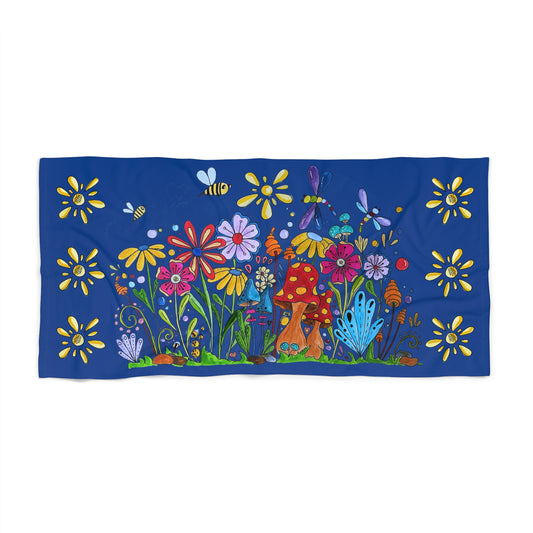 Dark blue beach towel with a flower garden and suns - made with my original art