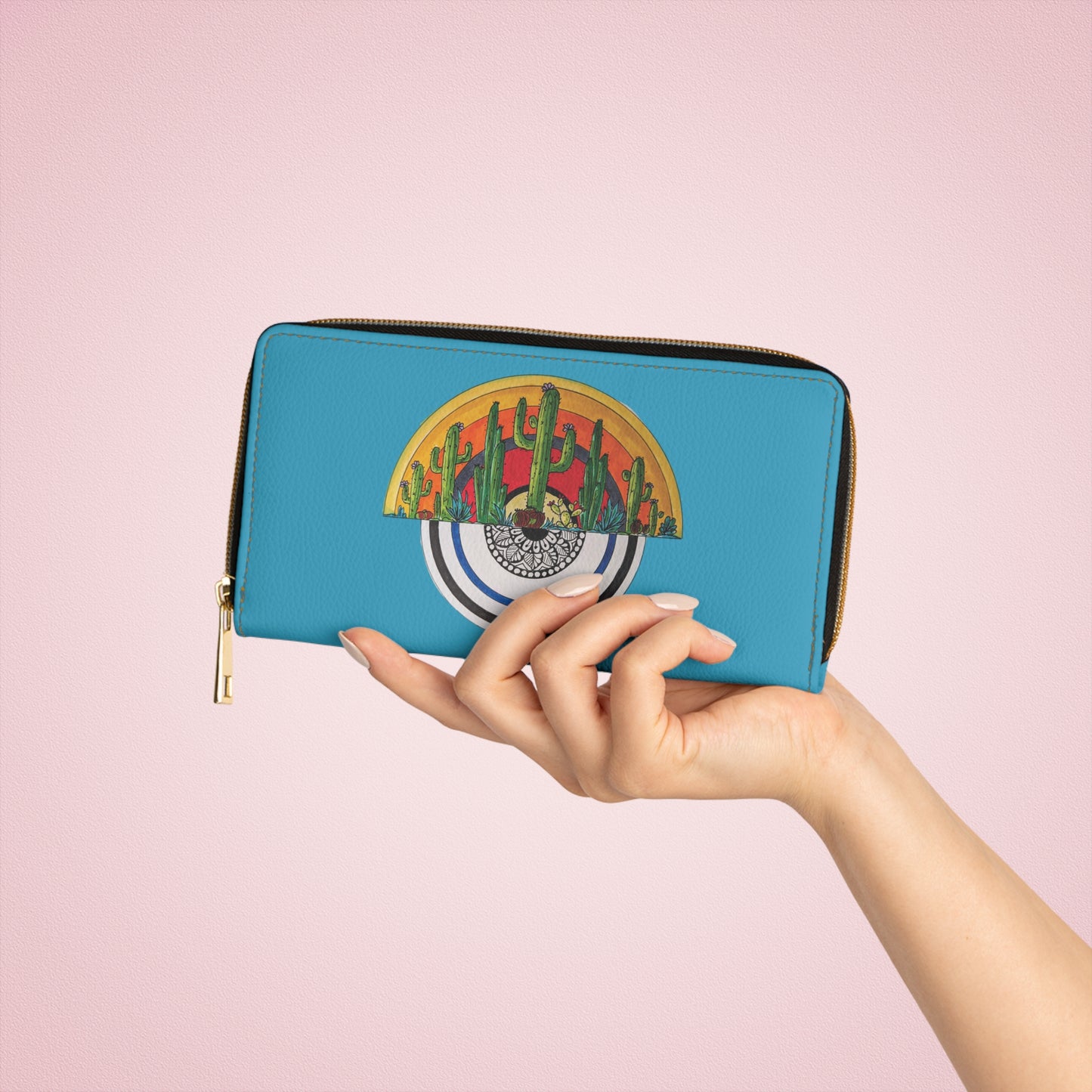 Blue Cactus Doodle Zipper Wallet — Cute Succulent Wallet with Cactus Pattern