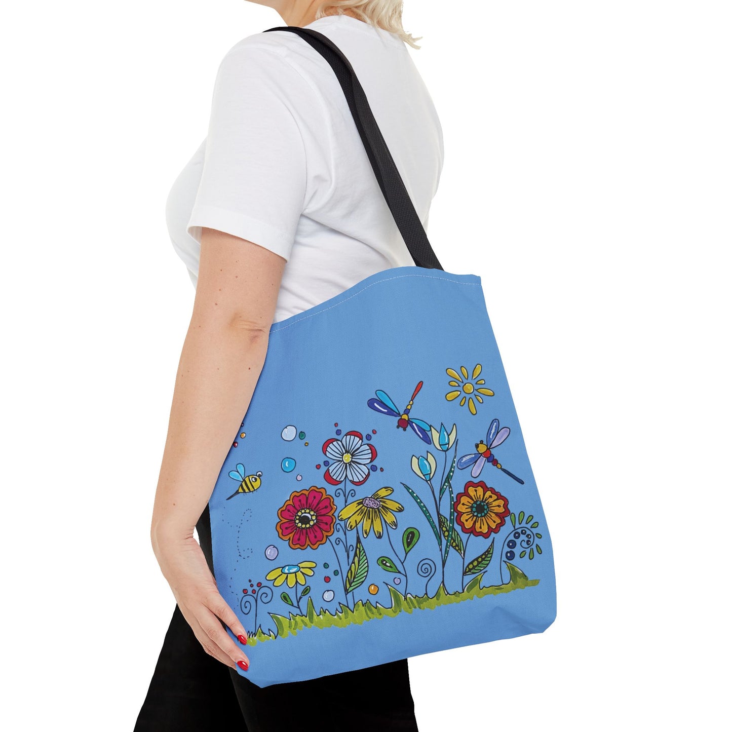 Flower garden tote bag with my original art - zentangle flowers - dragonflies and bee