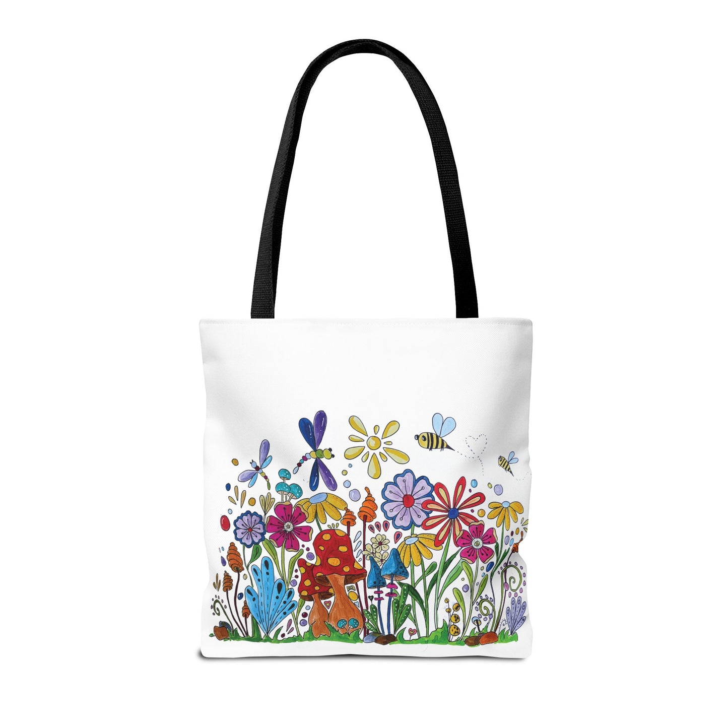 White tote bag with my original flower and mushroom drawings with bees and dragonflies