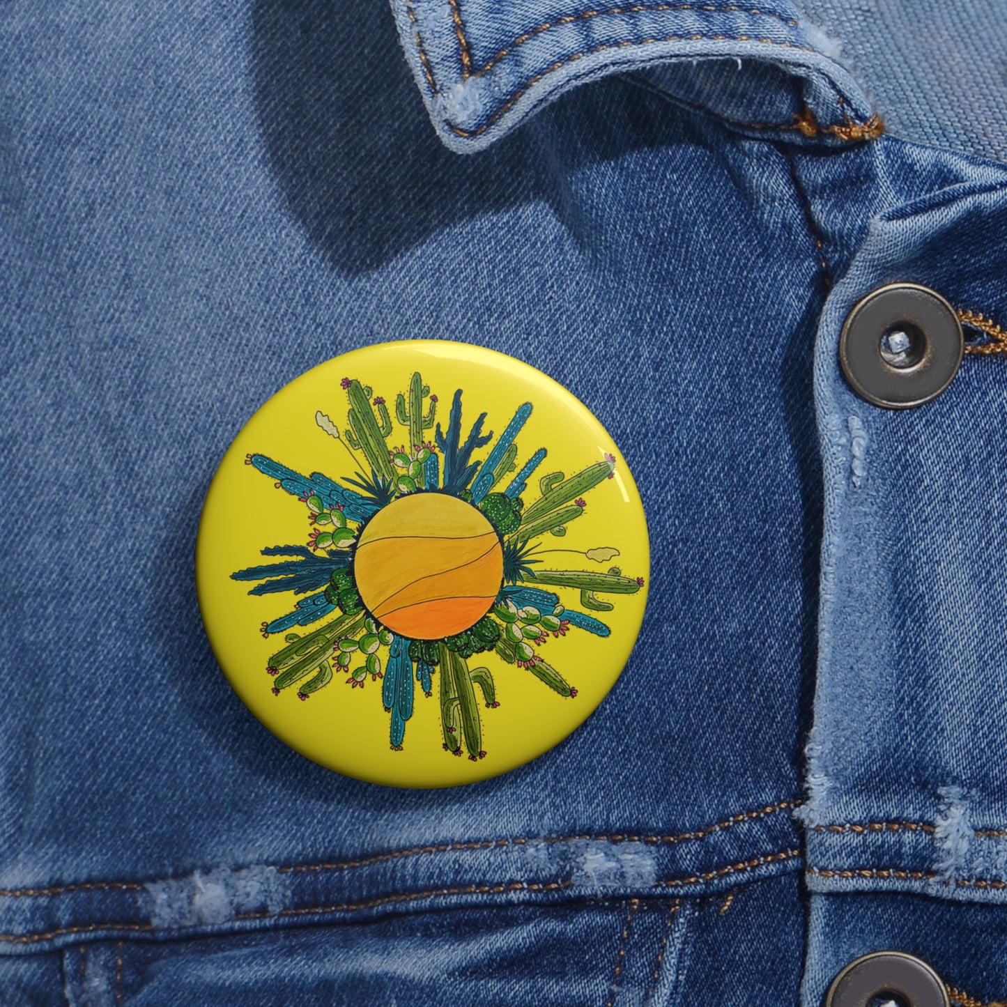 Cactus Sun Doodle Art Pin Button — Cute Cactus Button Badge - Yellow