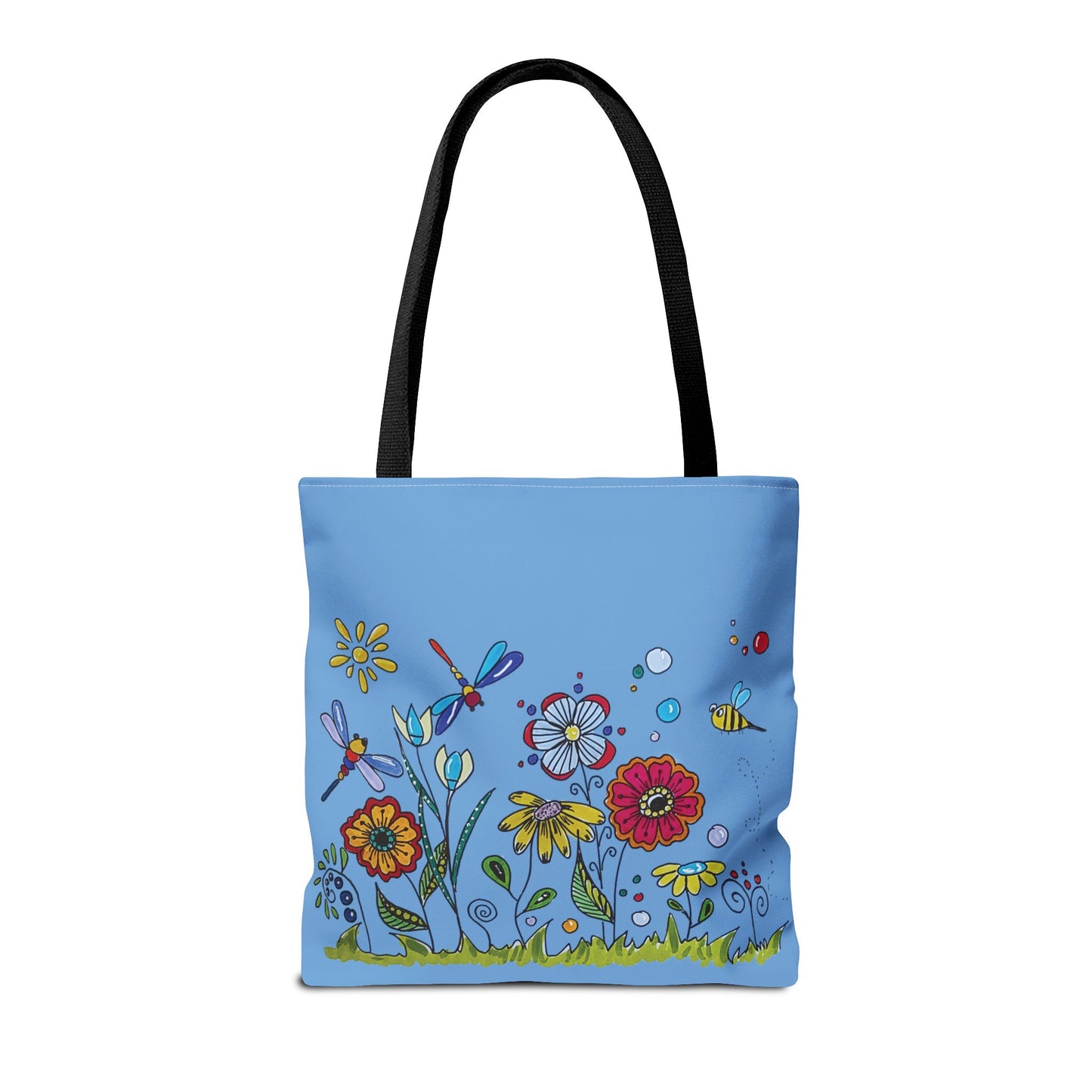 Flower garden tote bag with my original art - zentangle flowers - dragonflies and bee