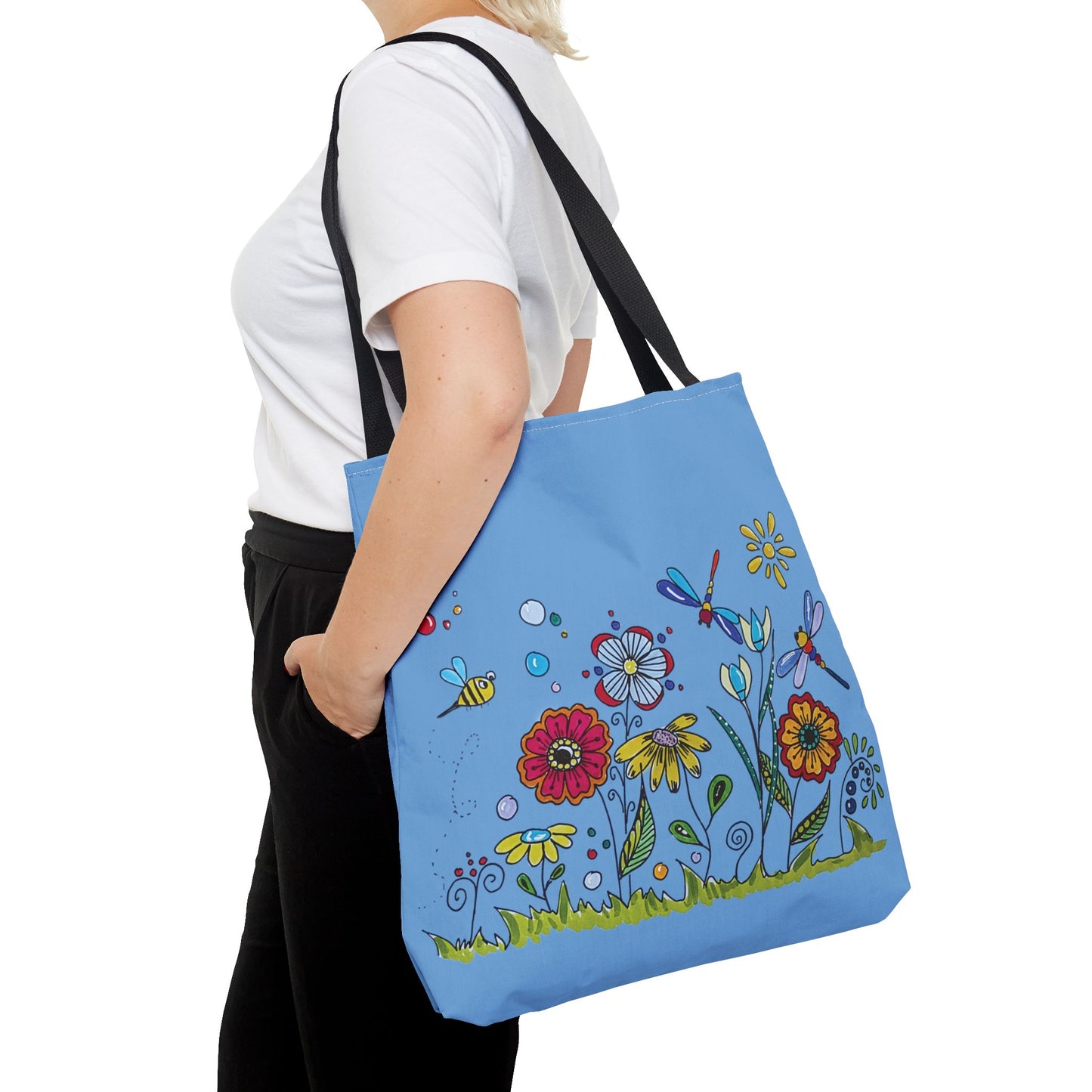Flower garden tote bag with my original art - zentangle flowers - dragonflies and bee