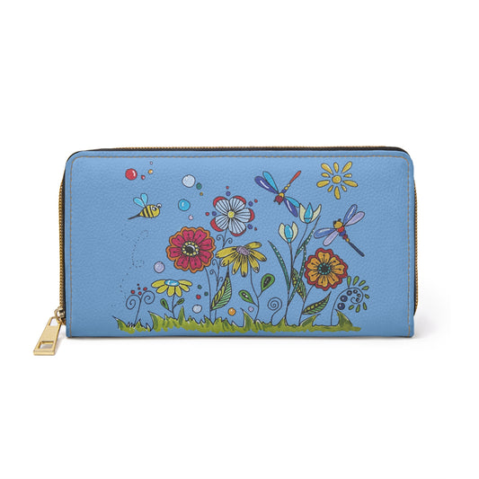 Zipper Wallet - Blue Flower Doodle Art