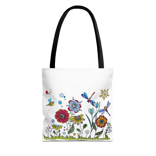 White canvas tote bag with my original zentangle flower garden drawing