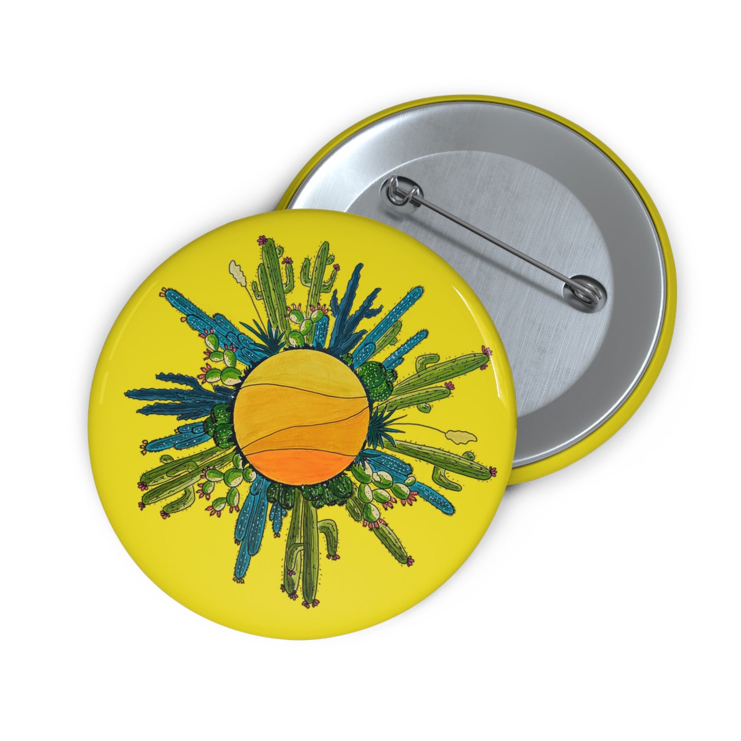 Cactus Sun Doodle Art Pin Button — Cute Cactus Button Badge - Yellow