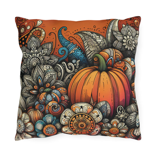 Pumpkin Zen Doodle Outdoor Pillow — Floral Fall Accent