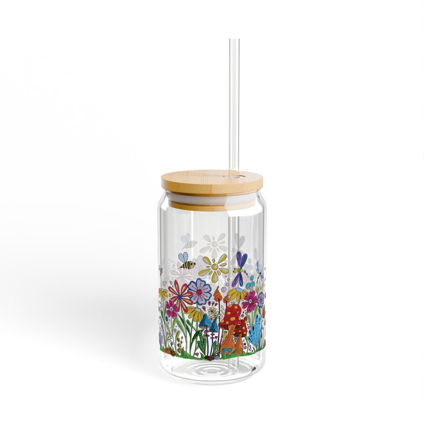 Zen Doodle Floral & Mushroom Sipper Glass — 16oz Original Art