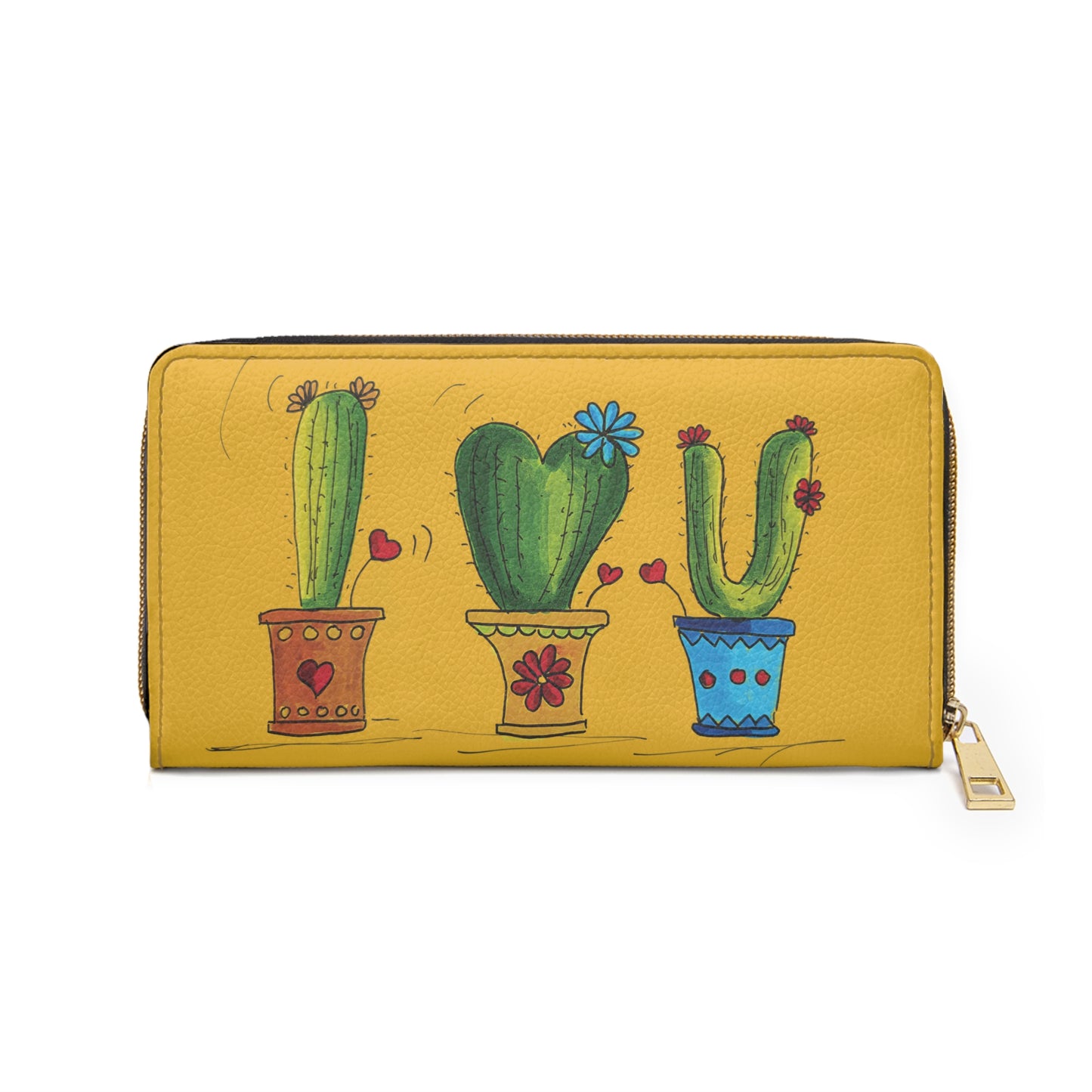 Yellow zipper wallet with my original cactus doodle
