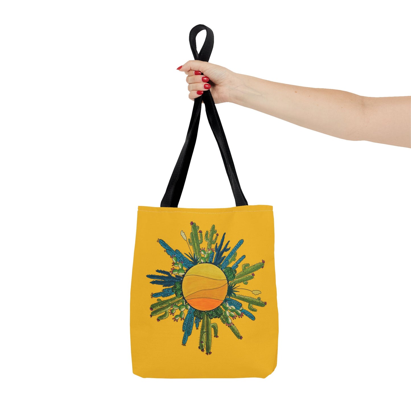 cactus sun tote bag with yellow brackground made with my original art - beach bag or book bag