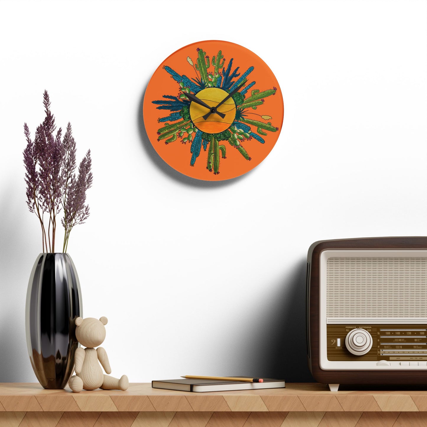 Cactus art wall clock made from acrylyc - orange
